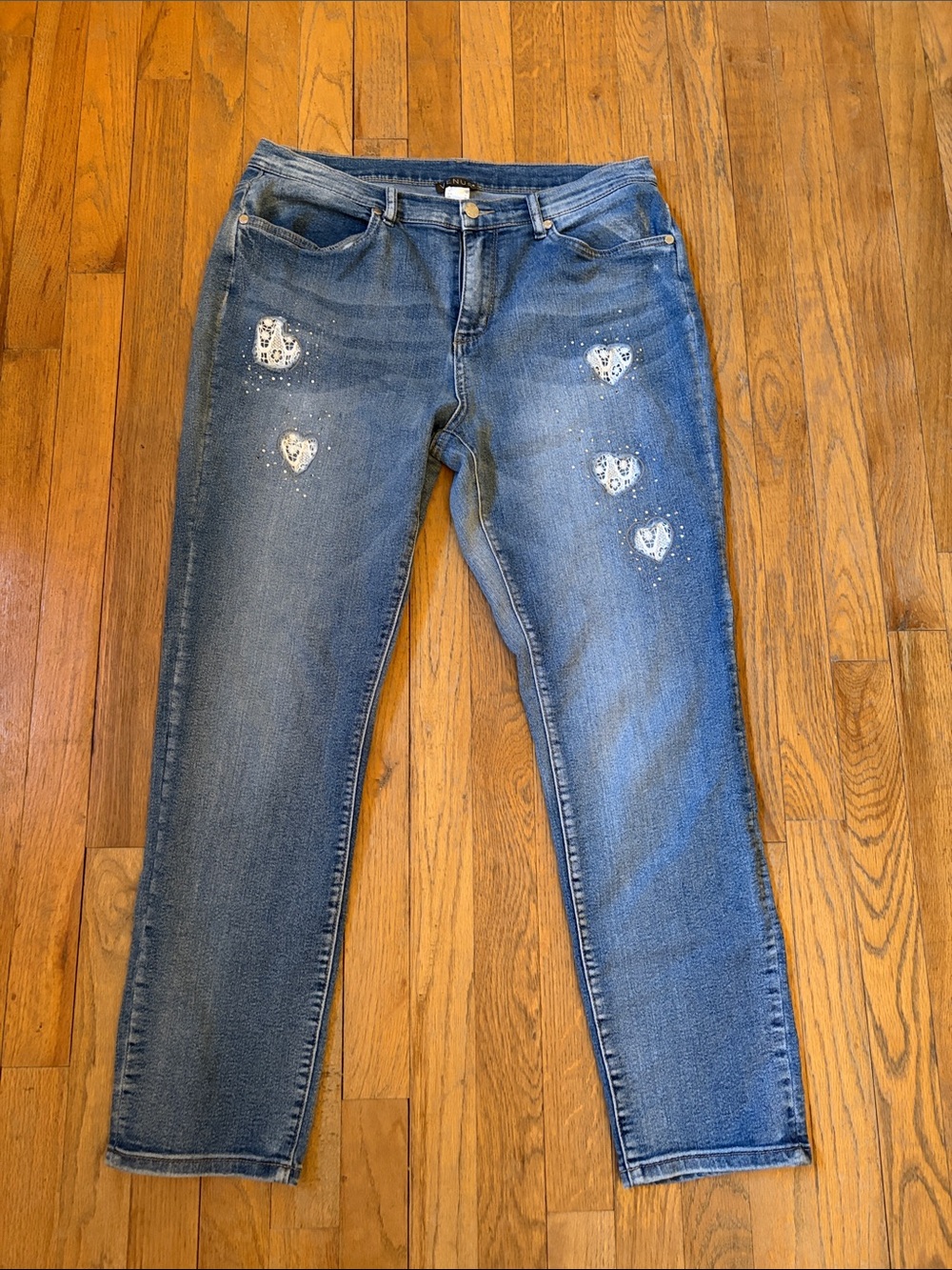 EUC VENUS Crochet Heart Cutout Rhinestone Trim Jeans 14